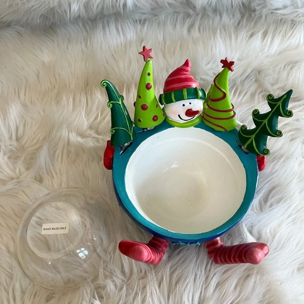 Snowman Christmas Dip Bowl Set with 4 Tree Handle Stainless Steel Spreaders